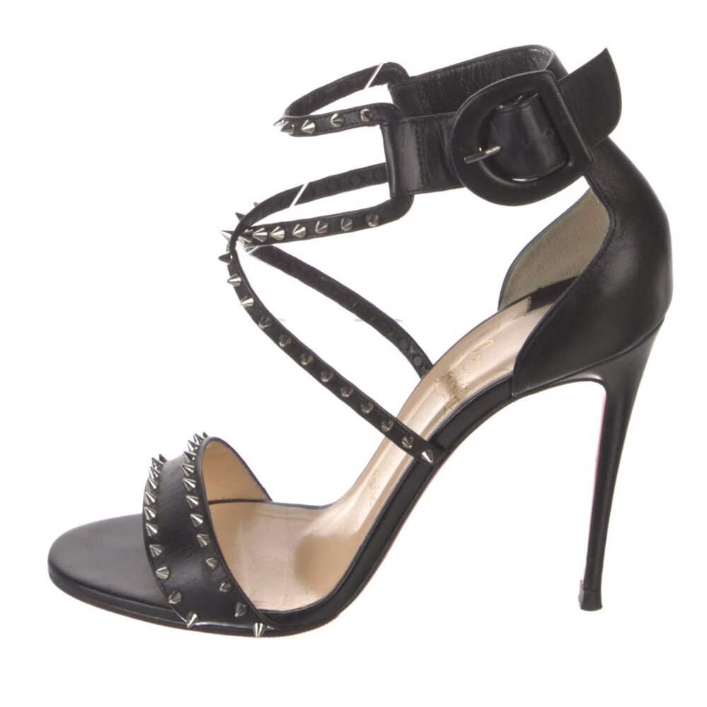 CHRISTIAN LOUBOUTIN Choca Spikes 100 Black Leather Sandals Size 7 IT 37